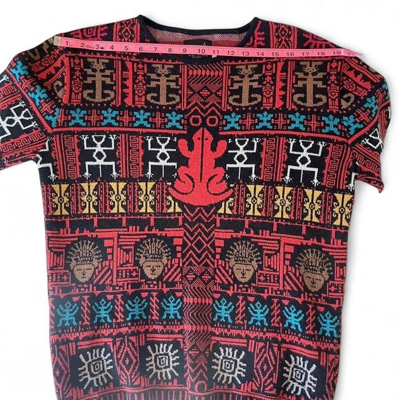 Cefiro Retro red and black wool Aztec knit wool/cotton blend sweater - Picture 4 of 6